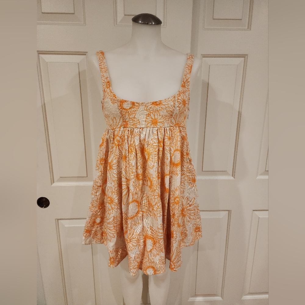 URBAN OUTFITTERS Small Baby Doll Cotton Dress Top Orange Tan Floral BOHI Y2K
